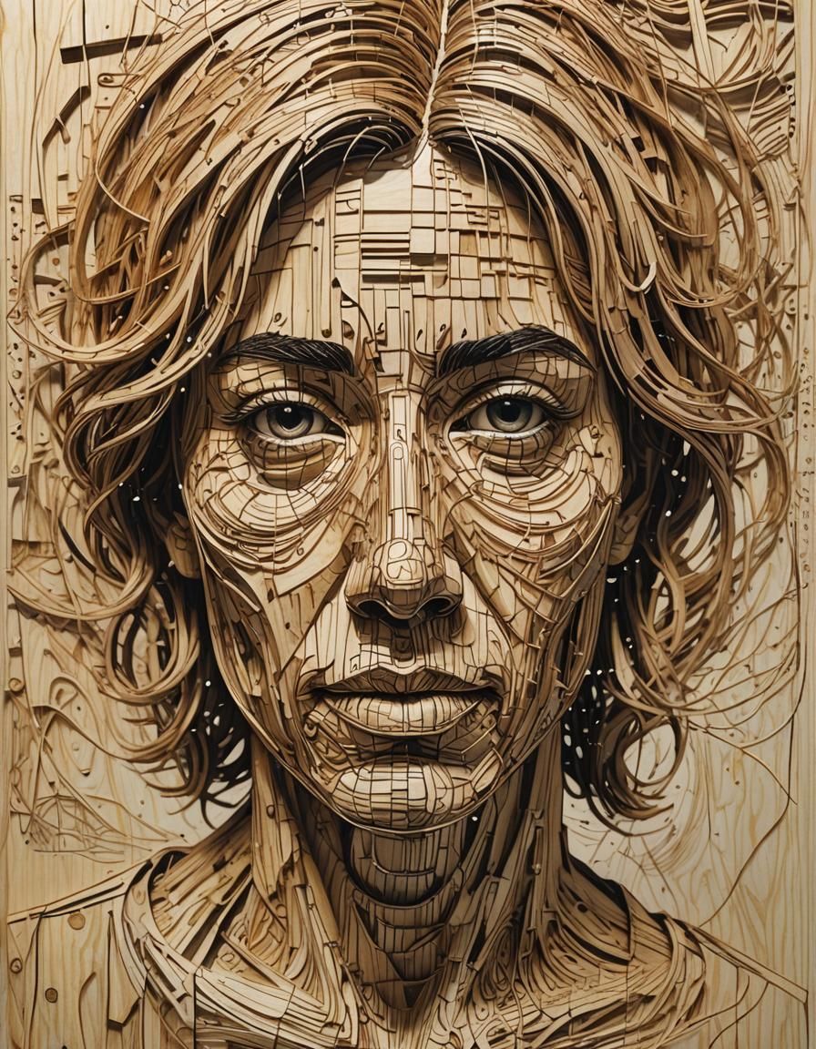 Abstract Face Dissolving into Woodblock