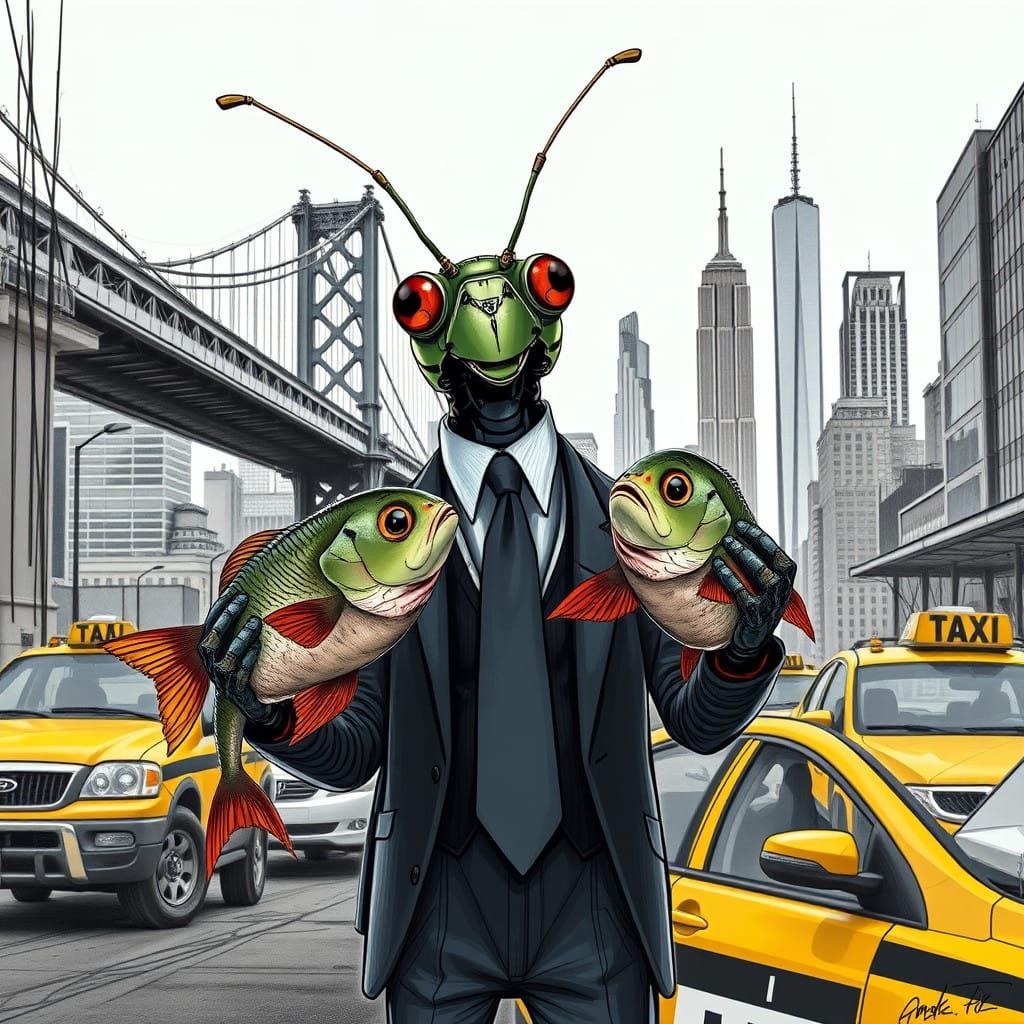 Mechanical Cricket Office Worker Holding Fish in Suit and Ti...