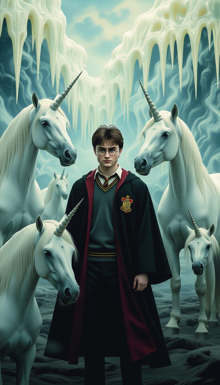 Harry Potter and Unicorns in Dreamlike Surrealism