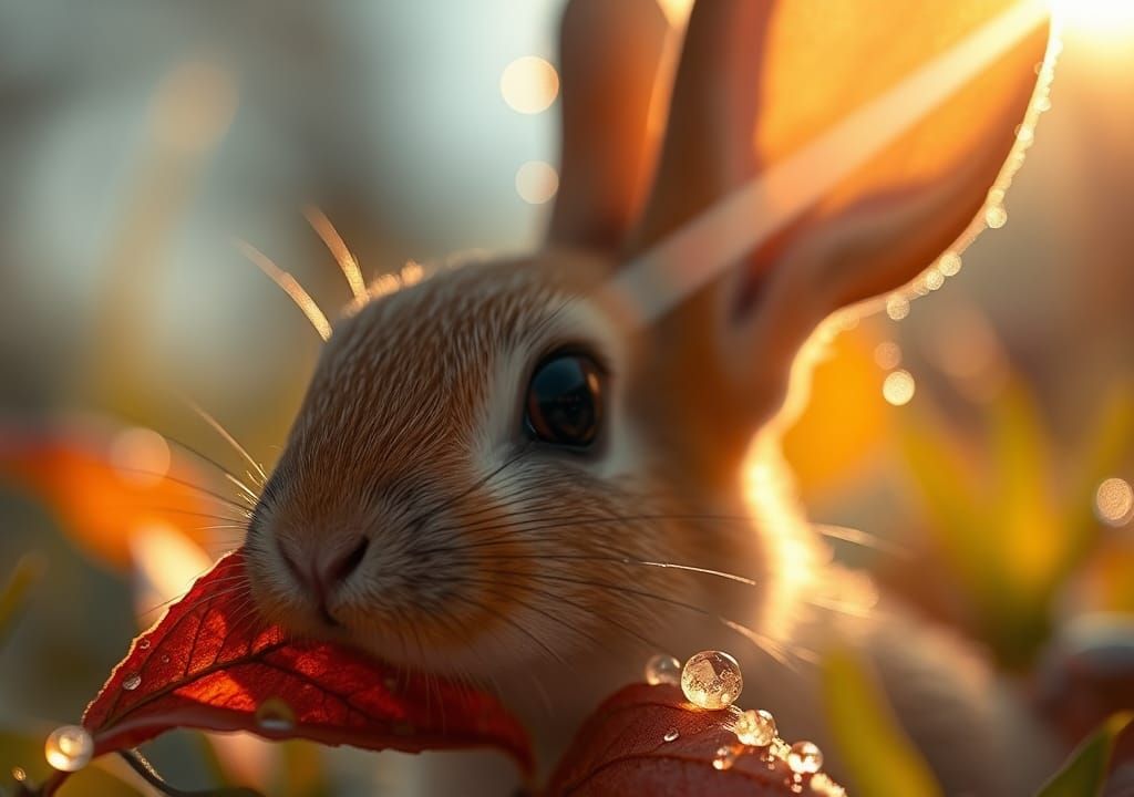 Macro Autumn Leaf with Rainbow Dew Drops