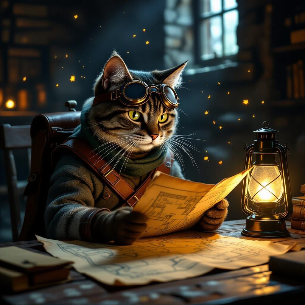 Cat Adventurer Studies Ancient Map in Lantern Light