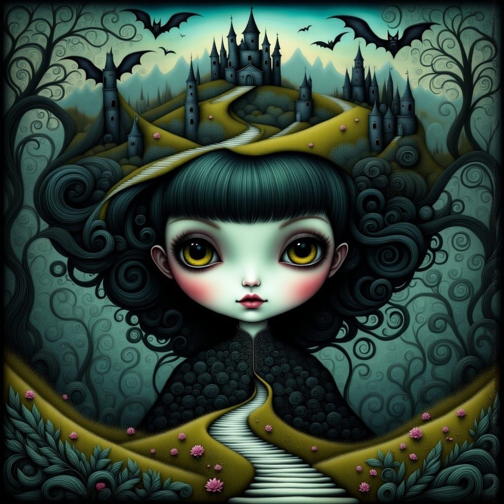 Gothic Toddler Portrait with Surreal Landscape Hair
