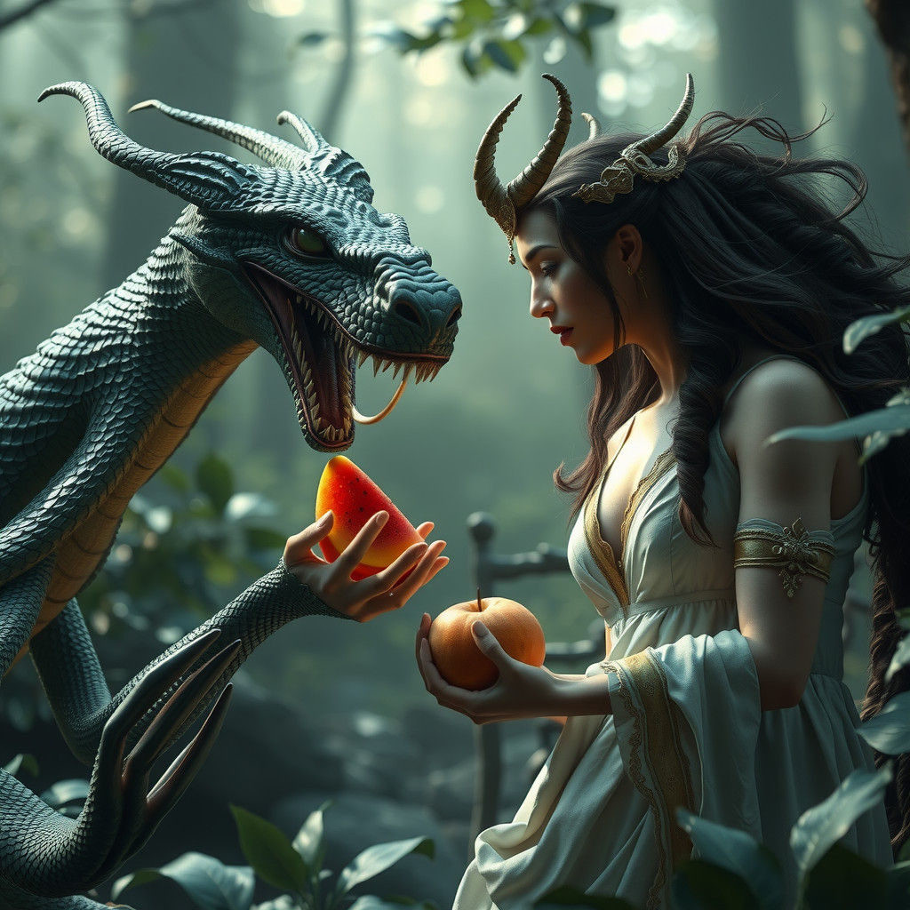 Eve Tempted by Serpent in Realistic Style