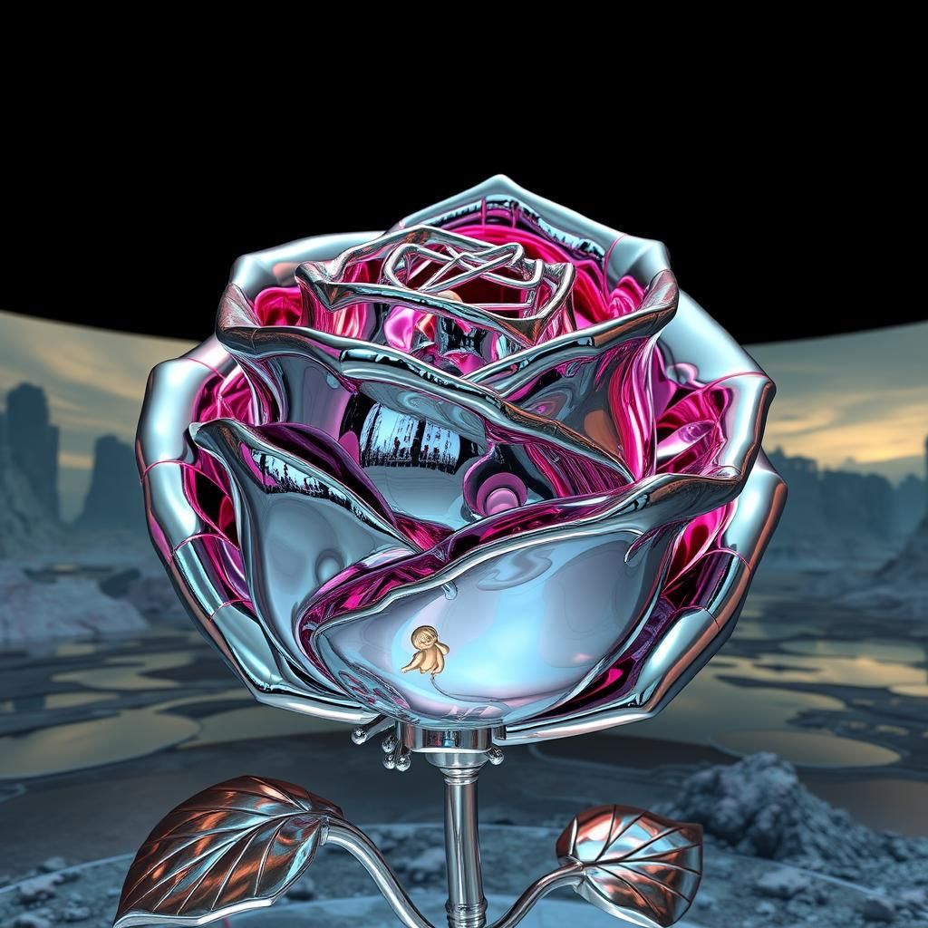 Rose Statue Reflects Dreamlike Scenes in Mirrored Surface