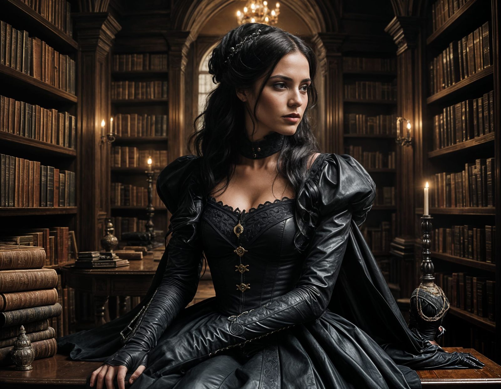 Elegant Victorian Lady Surveys Gothic Library