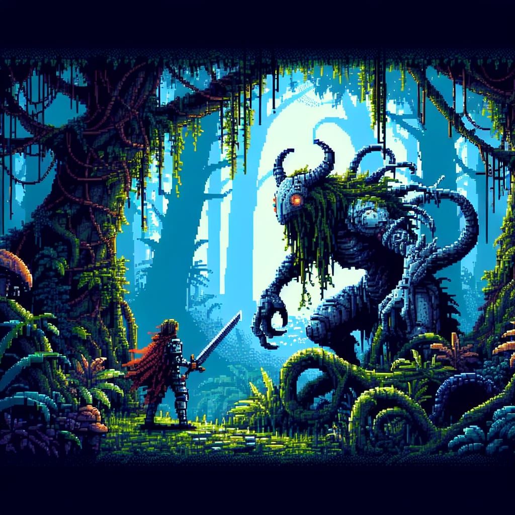 Epic Fantasy Monster Slayer in Cyberpunk Pixel Art