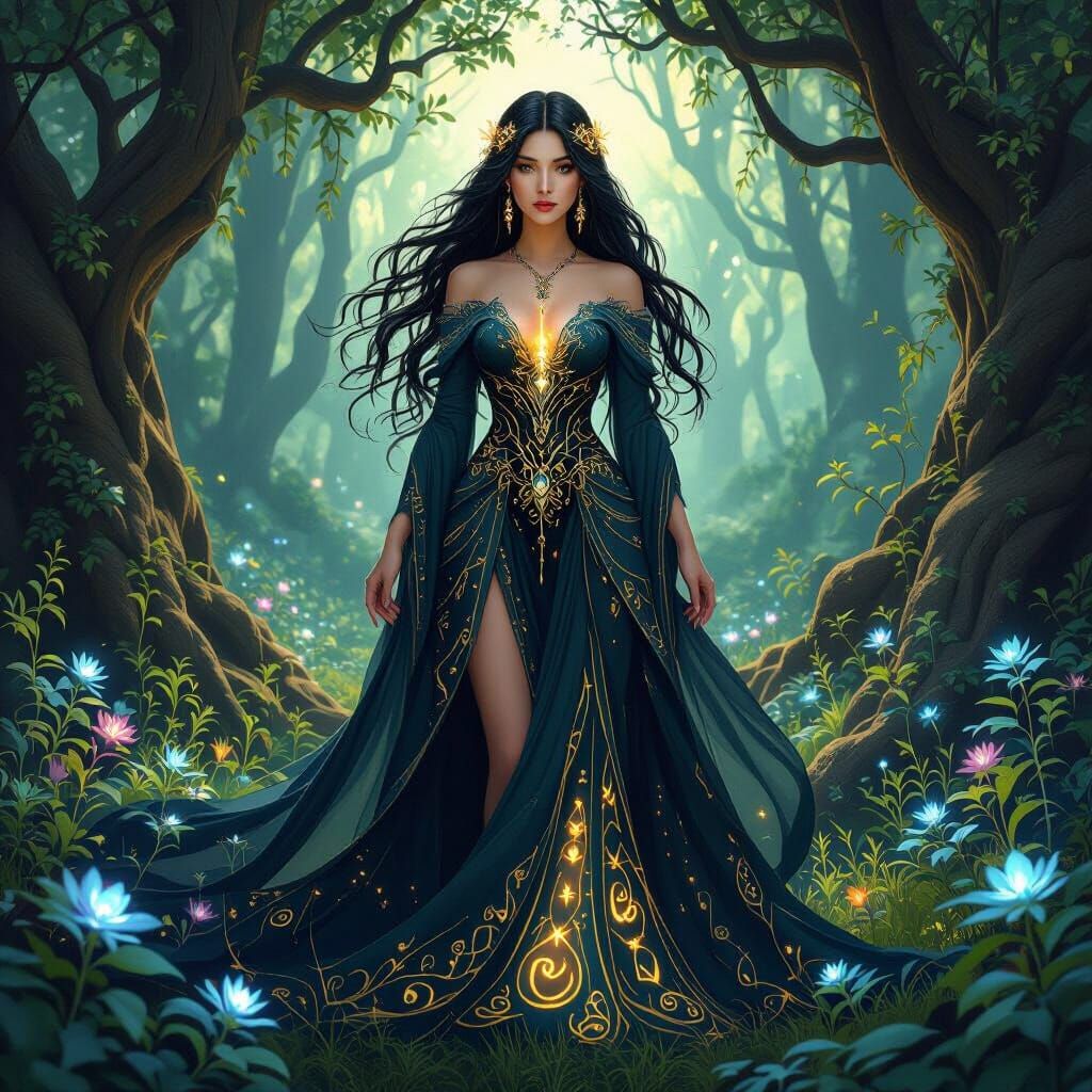 Mystical Sorceress in Bioluminescent Forest: Digital Art