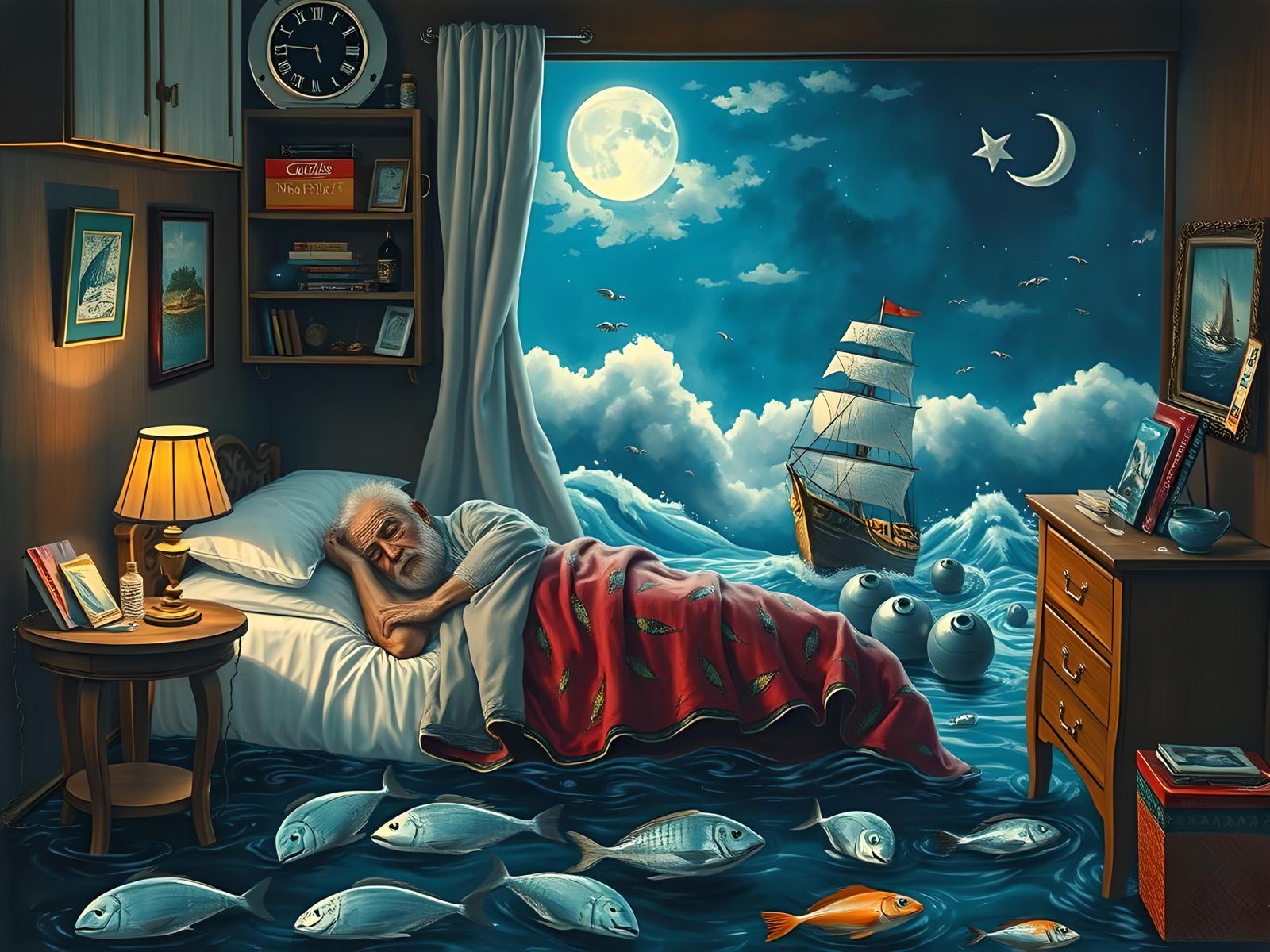 Surreal Fisherman's Dream: Tsunami in Bedroom