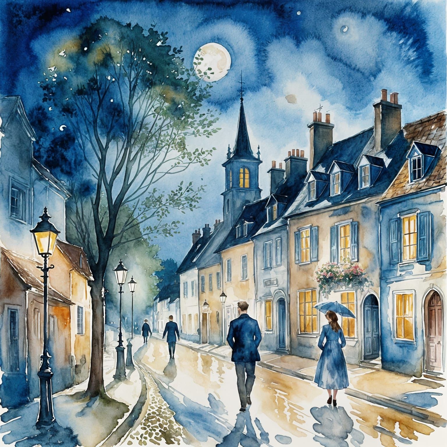 Romantic Night Village in Watercolor Style