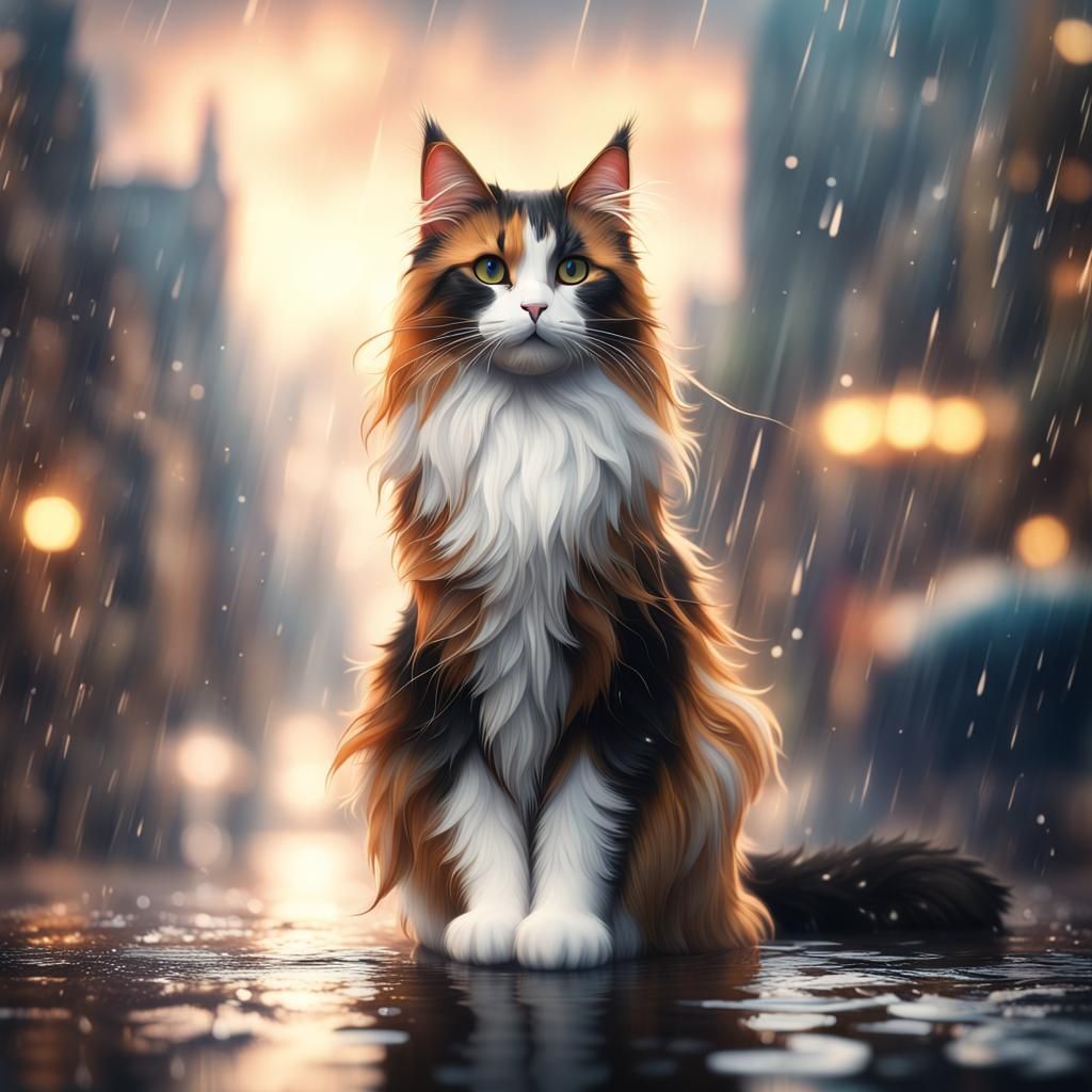 Calico Cat in Rainy Cityscape, Detailed Matte Painting