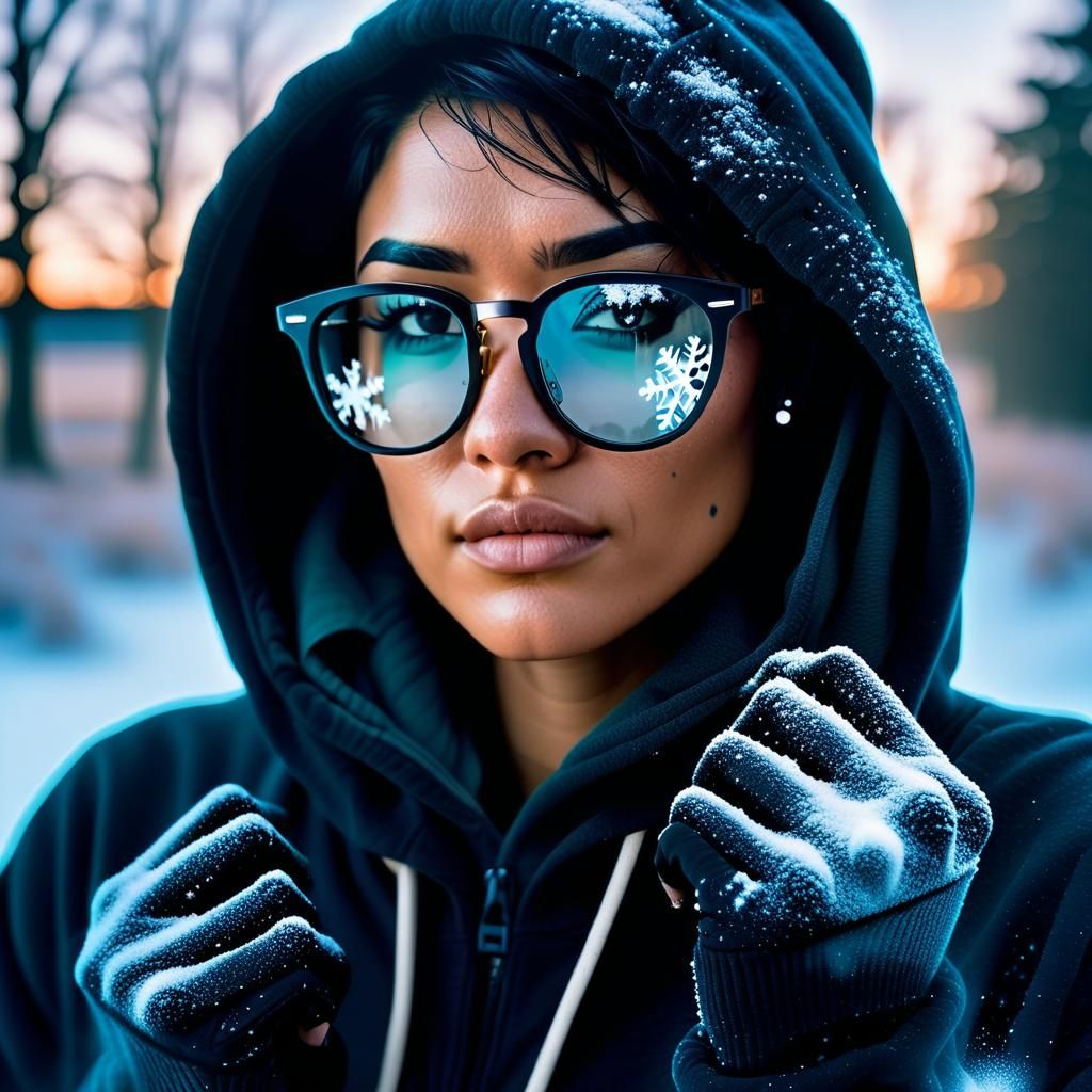 Snowy Portrait with Dark Hair and Glasses