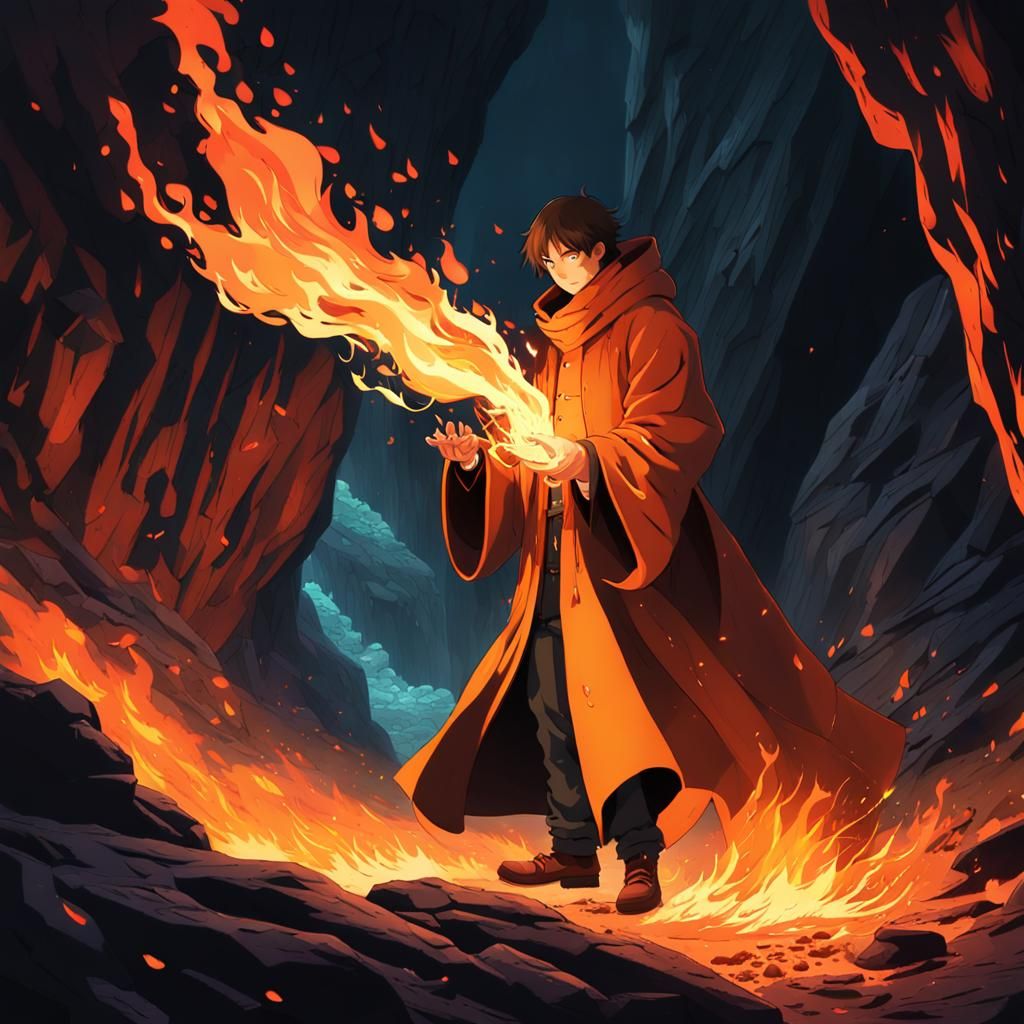 Anime Figure Plays with Fire in Mountain Cave