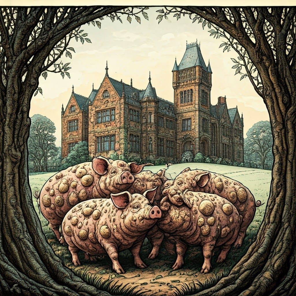 Quaint Victorian Pigs with Warts, Set Against a Brooding Sch...