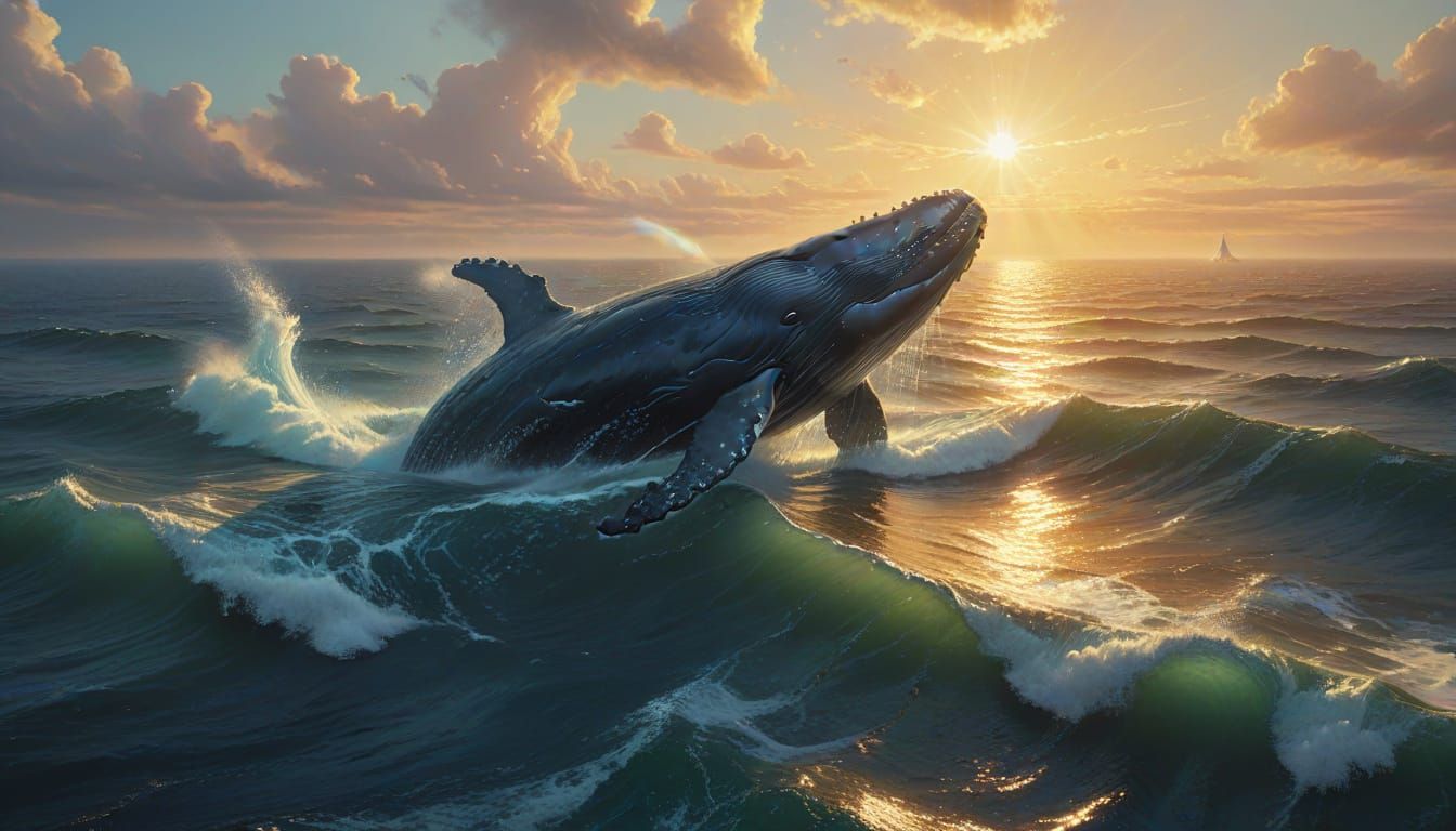 Majestic Whale Breaching: Hyperrealistic Aerial View