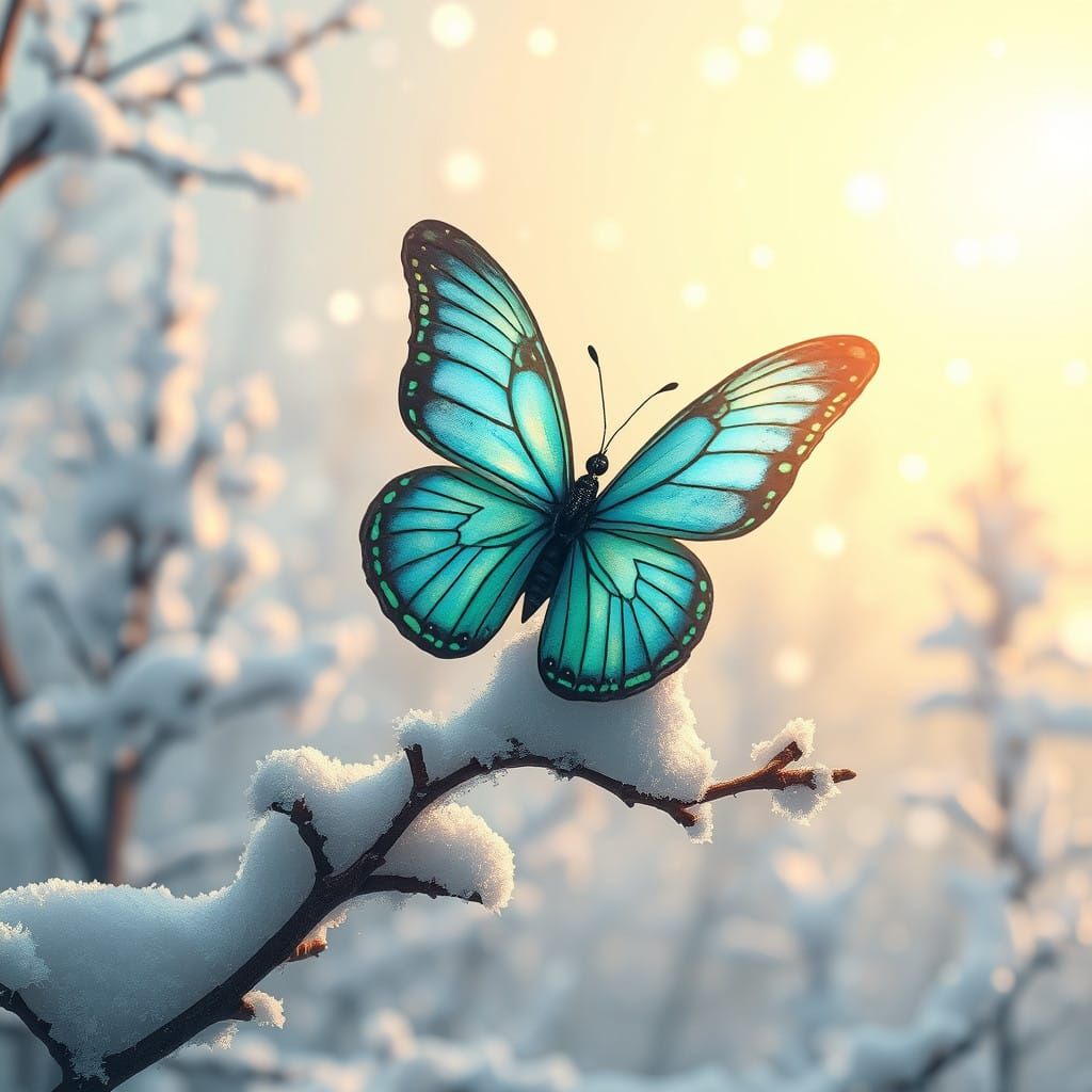 Iridescent Butterfly in Frosty Winter Wonderland
