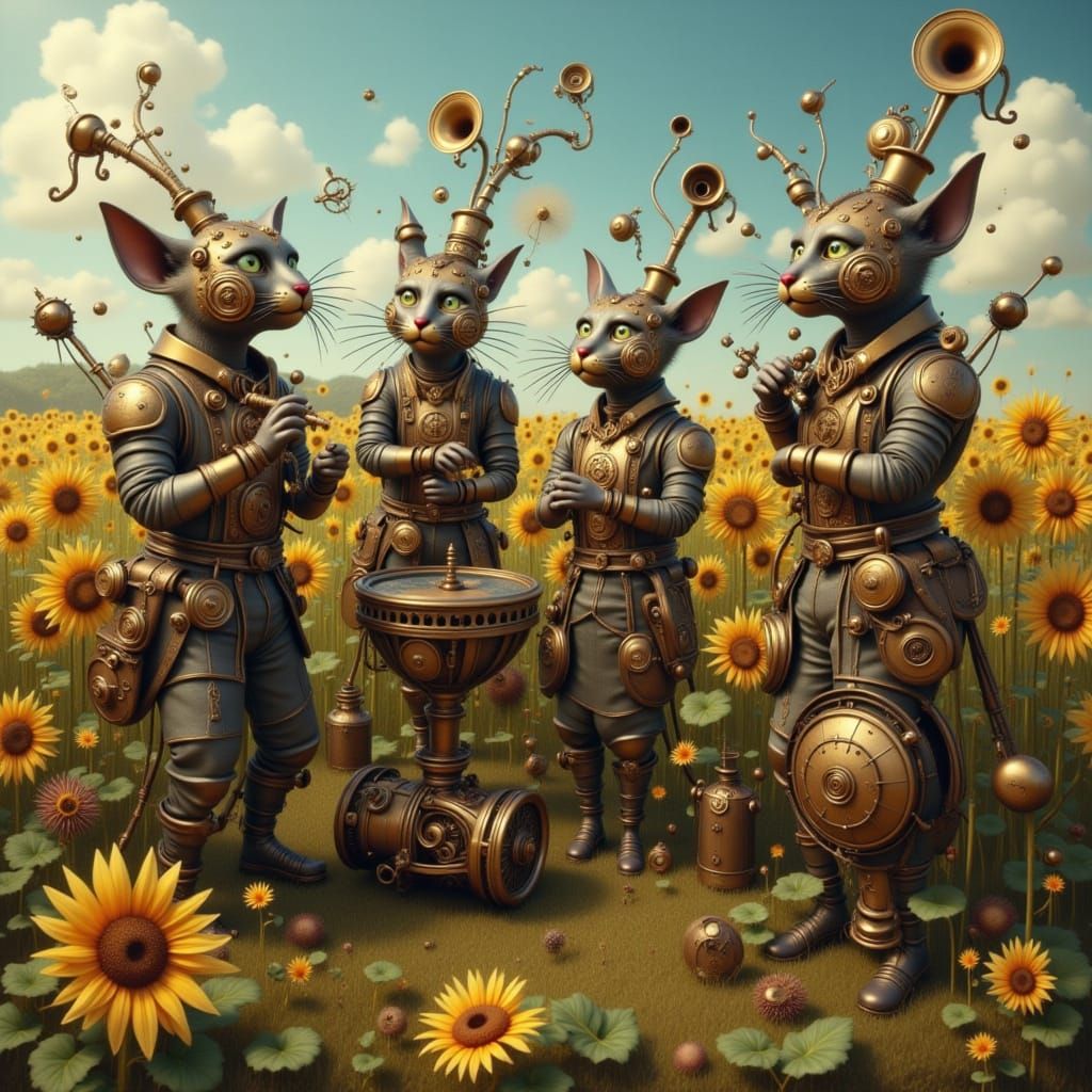 Steampunk Cat Orchestra in Sunflower Field