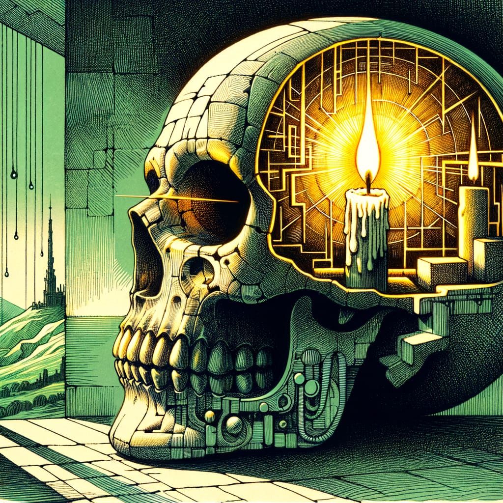 Candle Burning in Skull: Underground Comix Ink Sketch