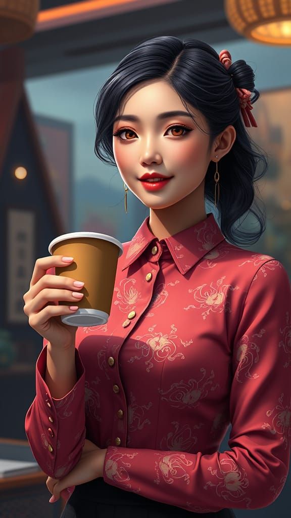 Asian Secretary with Coffee: Detailed Matte Painting