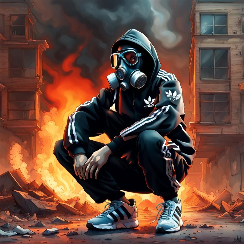 Soldier in Gas Mask Amidst Burning Building