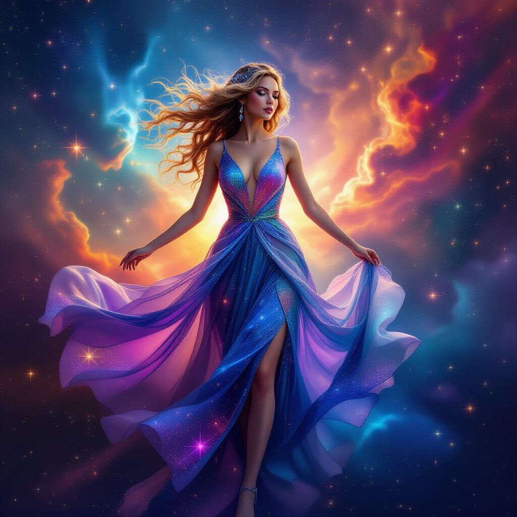 Celestial Woman Emerges from Nebula in Cosmic Surrealism