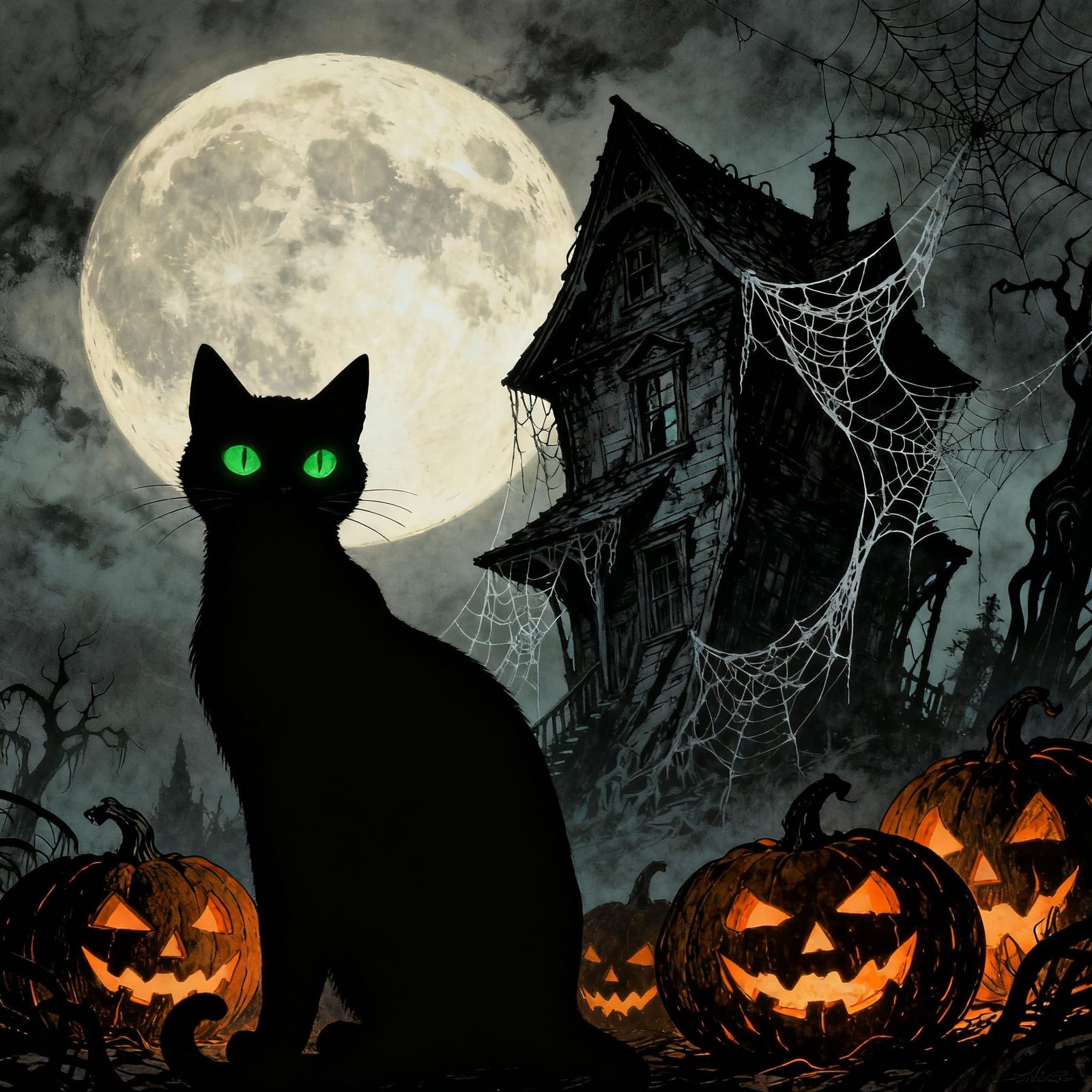 Gothic Horror Black Cat Halloween Night