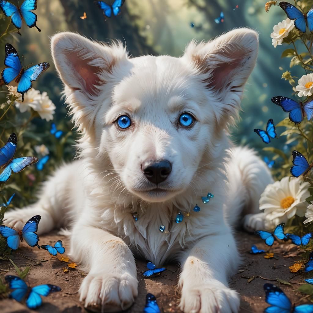 Blue-Eyed Border Collie Puppy with Butterfly