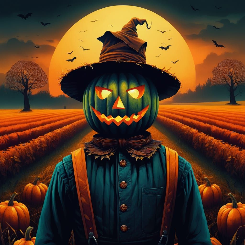 Eerie Pumpkin Scarecrow in Gloomy Autumn Field Illustration