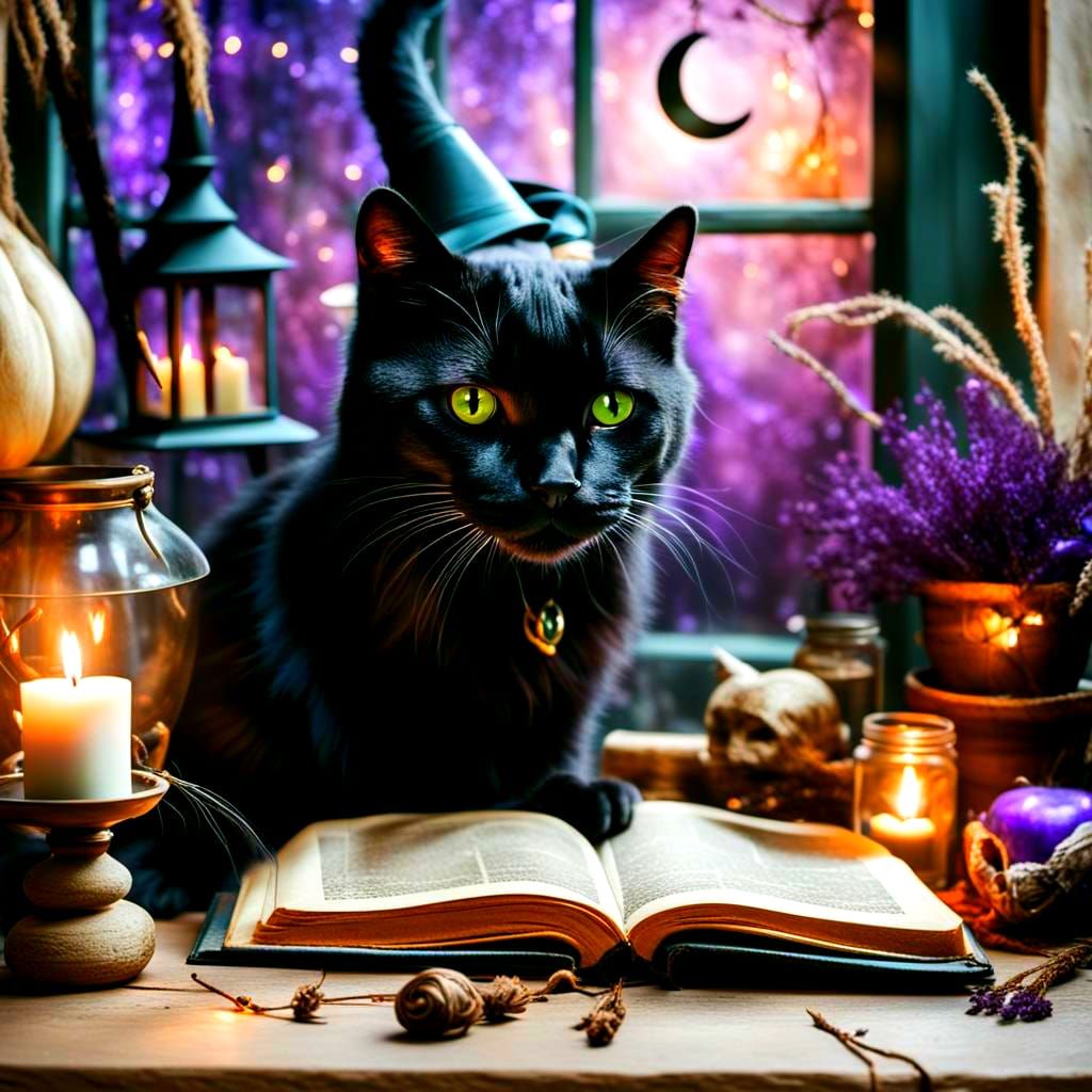 Cute Witchy Black Cat on Spell Book