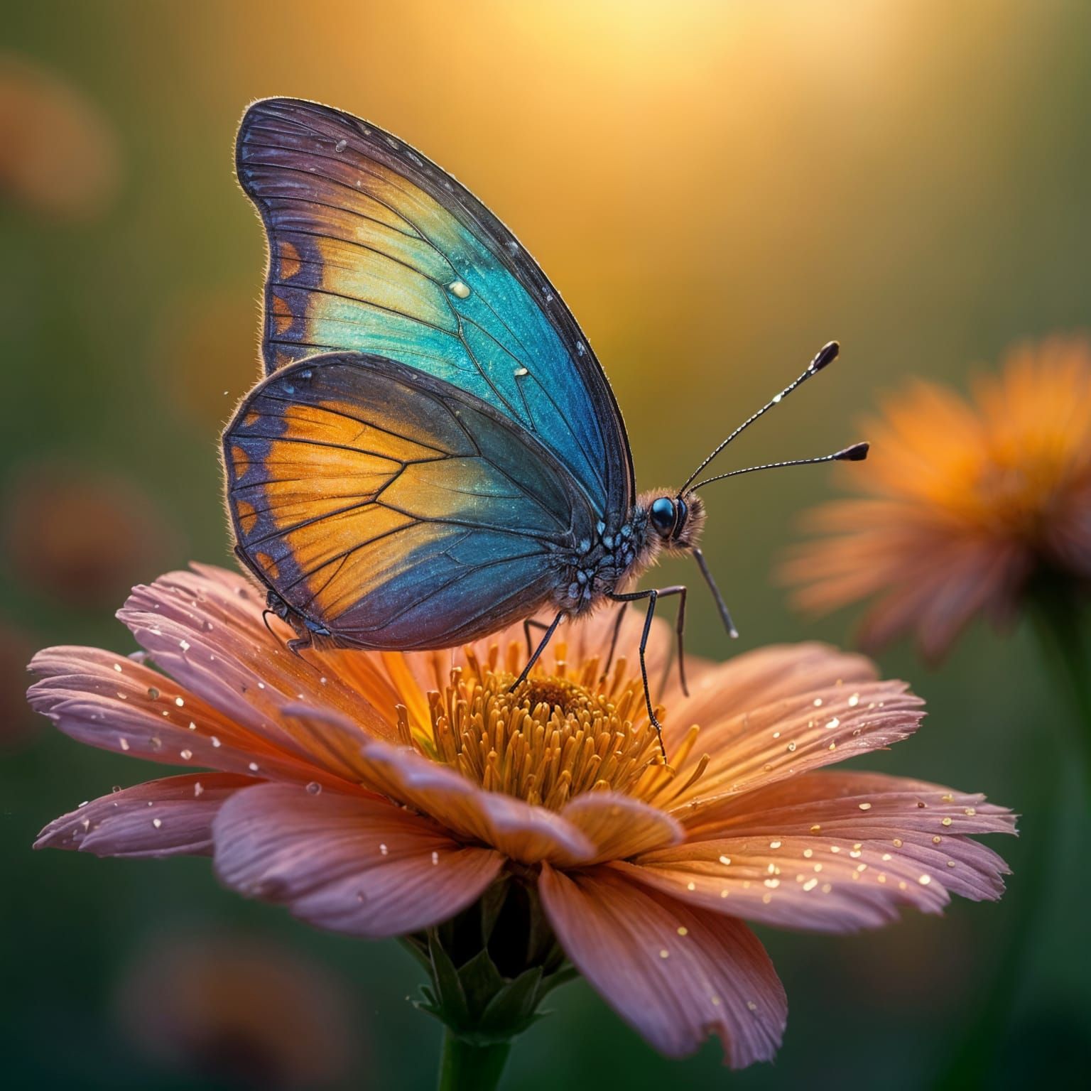 "A hyper-detailed macro scene of a dewdrop-covered butterfly resting on a kaleidoscopic flower petal at sunrise. Every s...