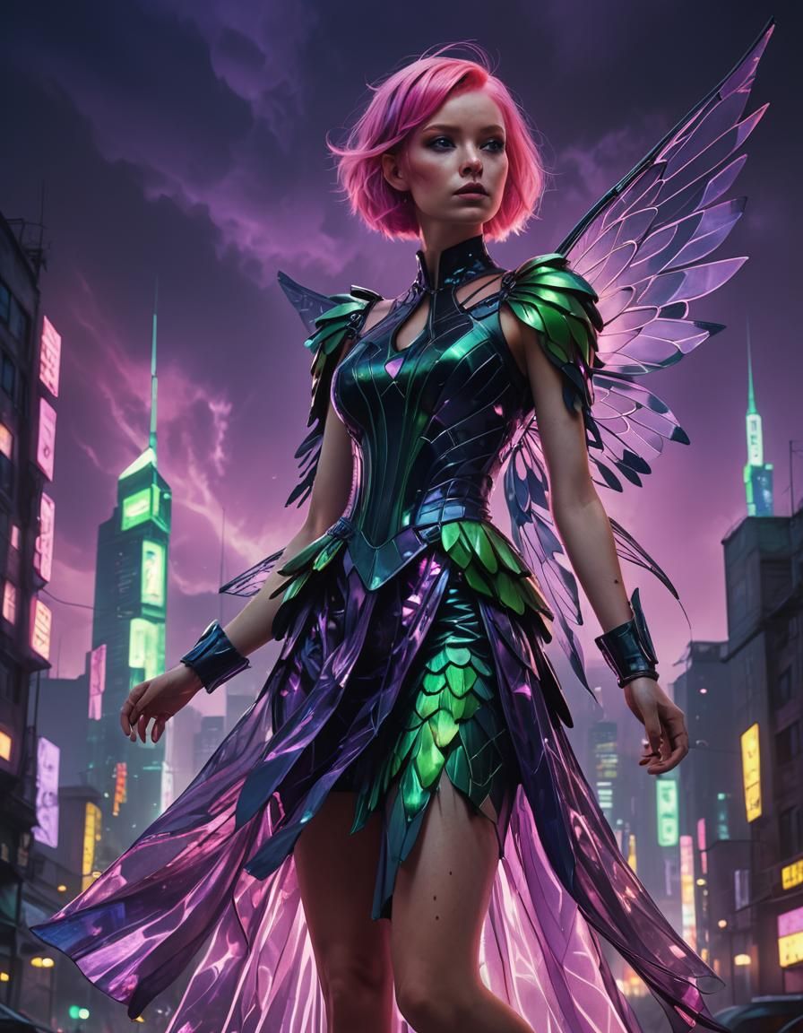 Pink-Haired Fairy in a Neon Cyberpunk Cityscape