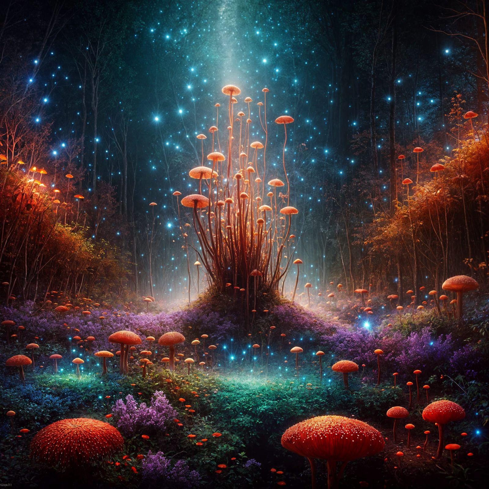 Mystical Forest Illuminated by Red Fungi and Blue Fireflies