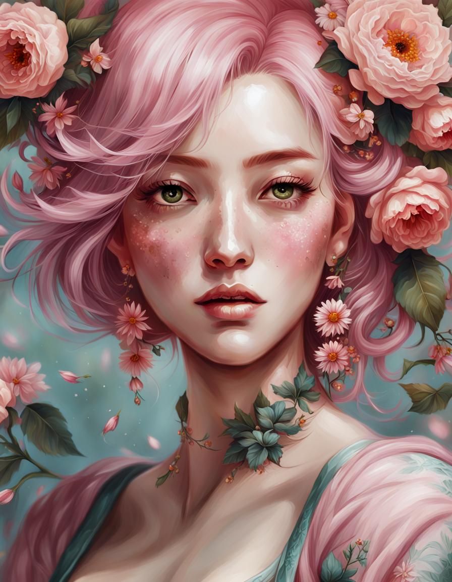 Fantasy Portrait of a Girl with Pink Hair and Flowers