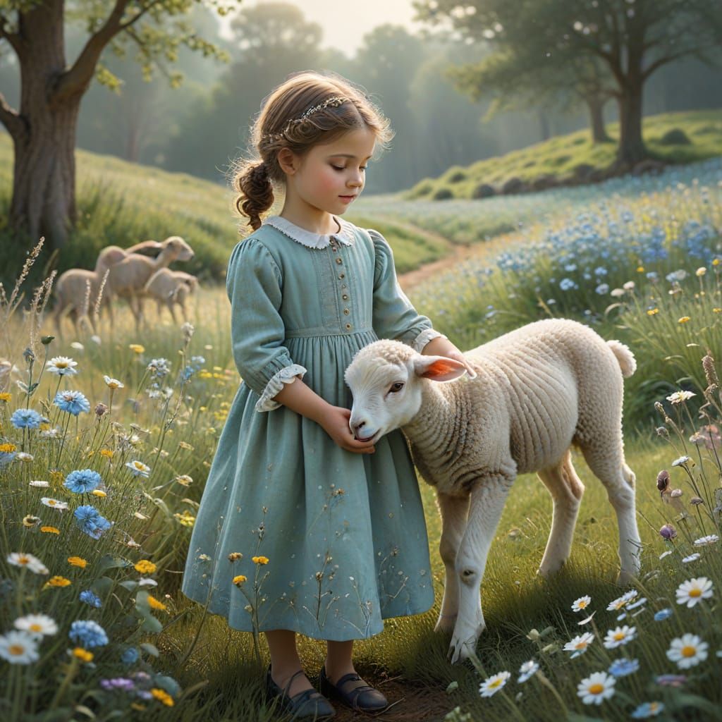 Whimsical Watercolor Girl in a Field with Friends