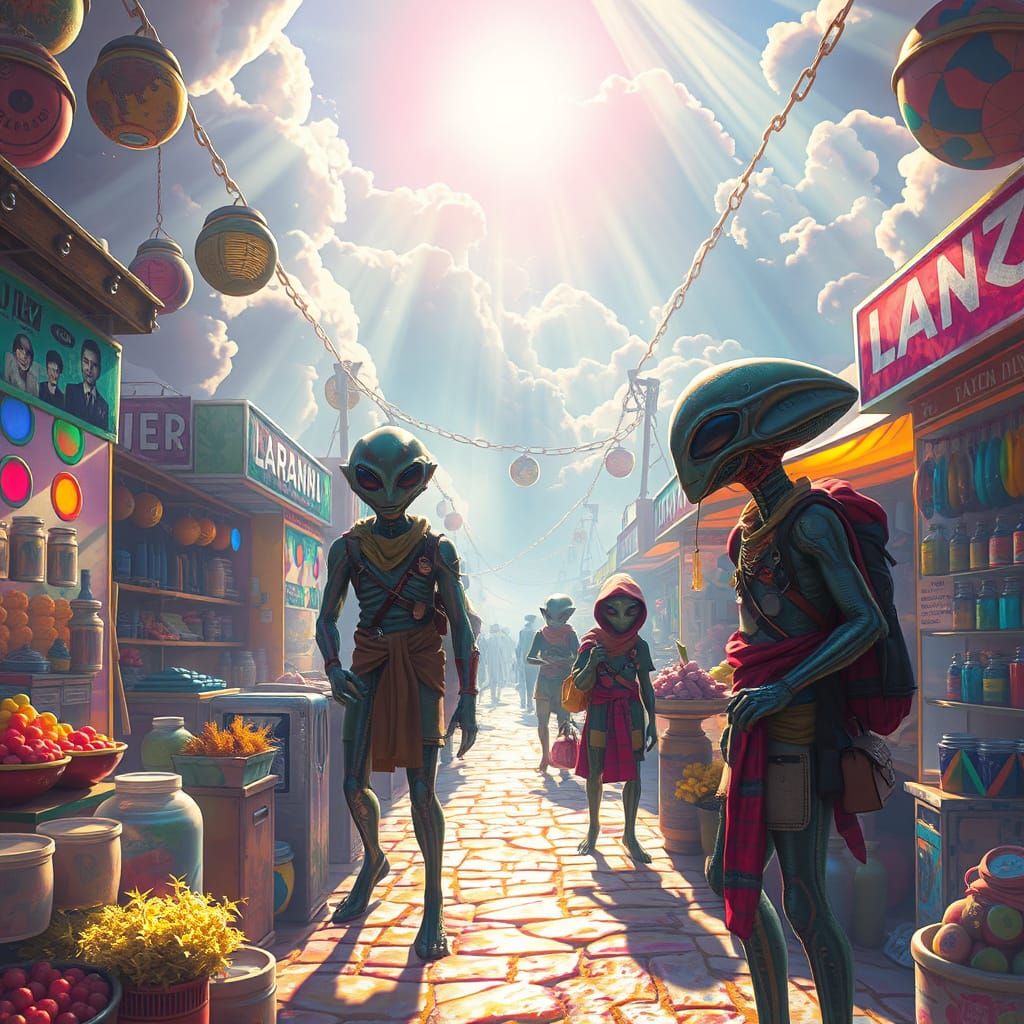 Vibrant Alien Marketplace in Dreamy Style