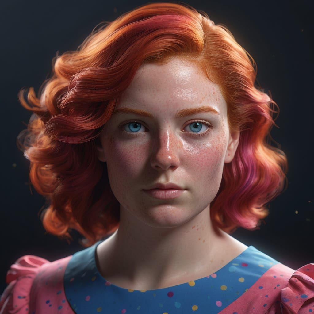 Curvy Redhead Woman in Blue and Pink Dress