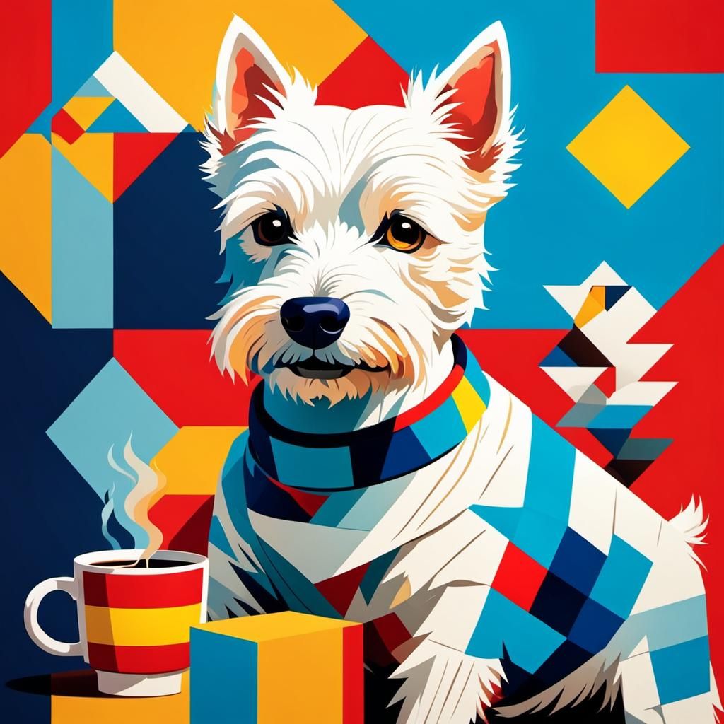 Pop Art Westie with Coffee, Graphic Novel Style