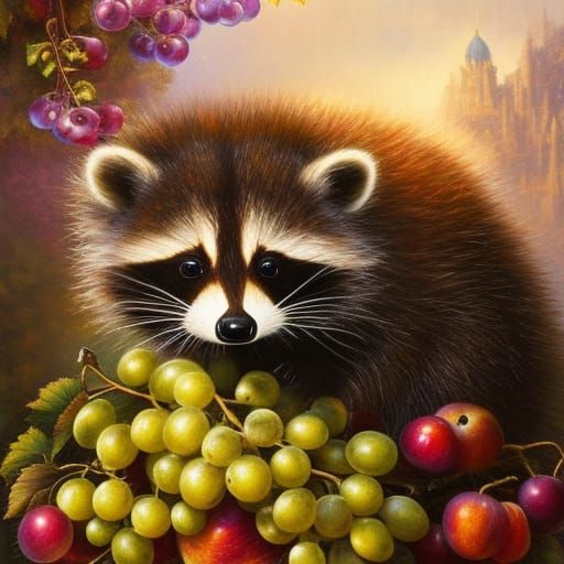 Fluffy Raccoon with Fruit, Hyperdetailed Volumetric Lighting