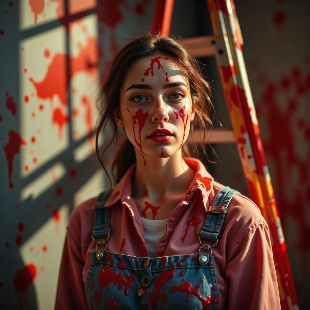 Realistic Portrait of a Woman with Paint Splattered on Her