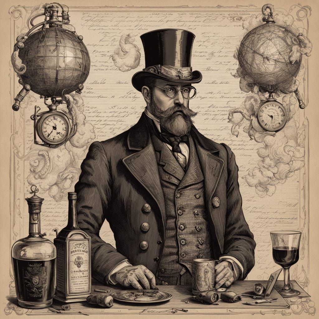 Steampunk Airship Captain's Absurd Cocktail, Vintage Illustr...