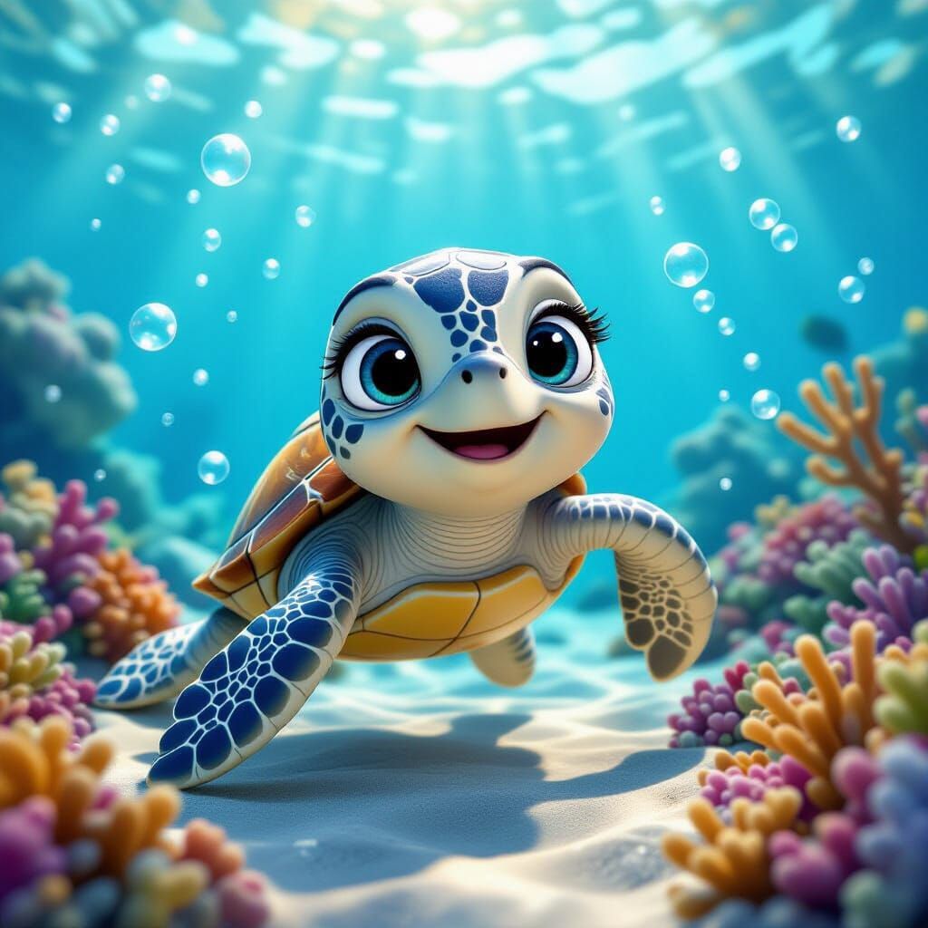 Playful Baby Sea Turtle in Tropical Waters, 3D Animation