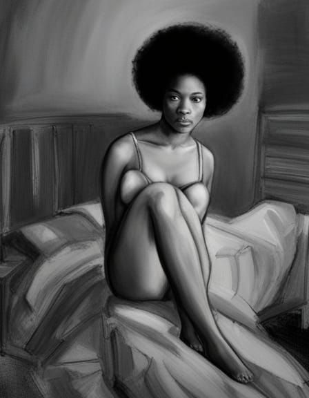 Dark-Skinned Woman in Nightie, Charcoal Drawing