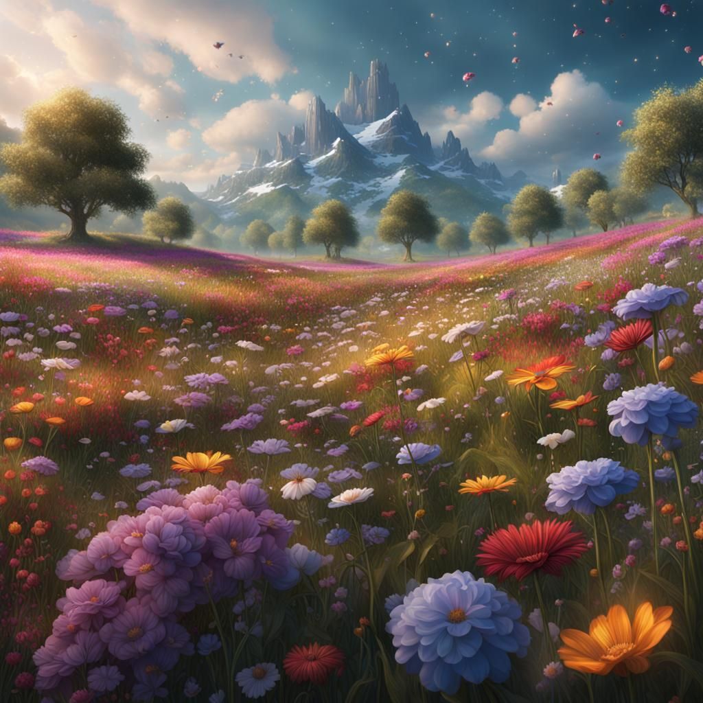 Lush Flower Meadow: Detailed Matte Painting
