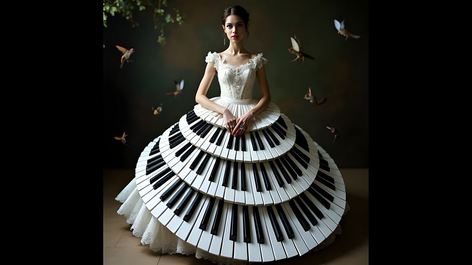 Elegant Victorian Woman Plays Spiral Piano in Dreamlike Gard...