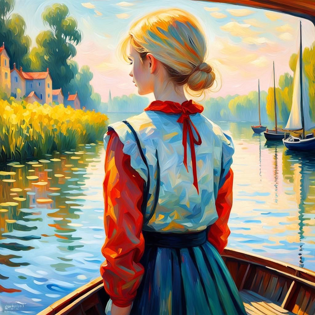 Girl in Boat: Impressionist Oil Painting