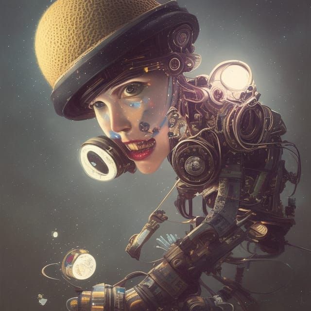 Astronaut with Robotic Eye: Moonlit Oil Painting