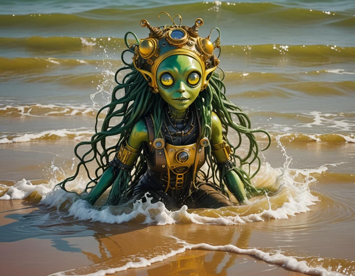 Green Alien Girl on Red Beach with Steampunk Engine