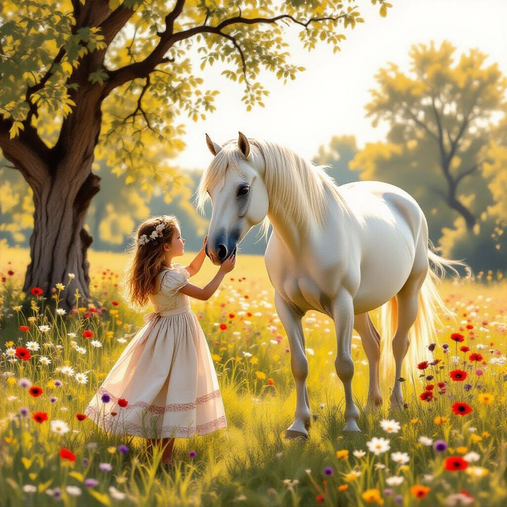 Girl and White Horse in Sunlit Meadow