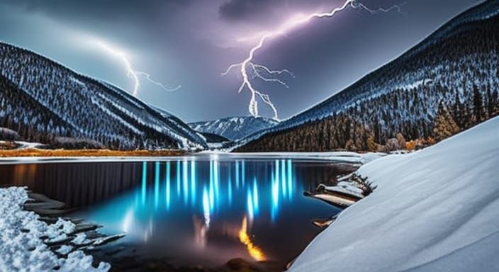 Iridescent Lightning Over Snowy Mountains in Hyperrealism