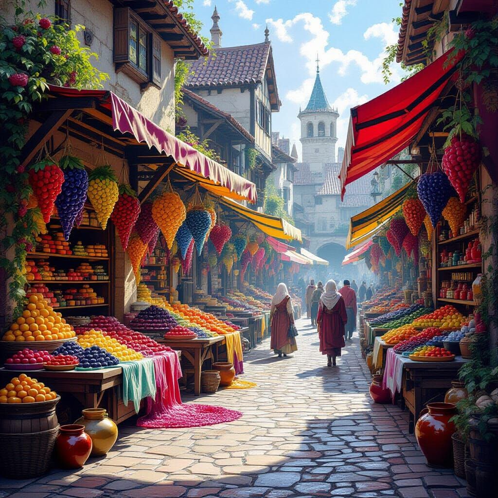 Liquid Medieval Marketplace with Vibrant Flowing Goods