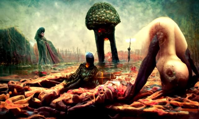 Sinister Pond Scene: Women Distributing Swords in Digital Ar...